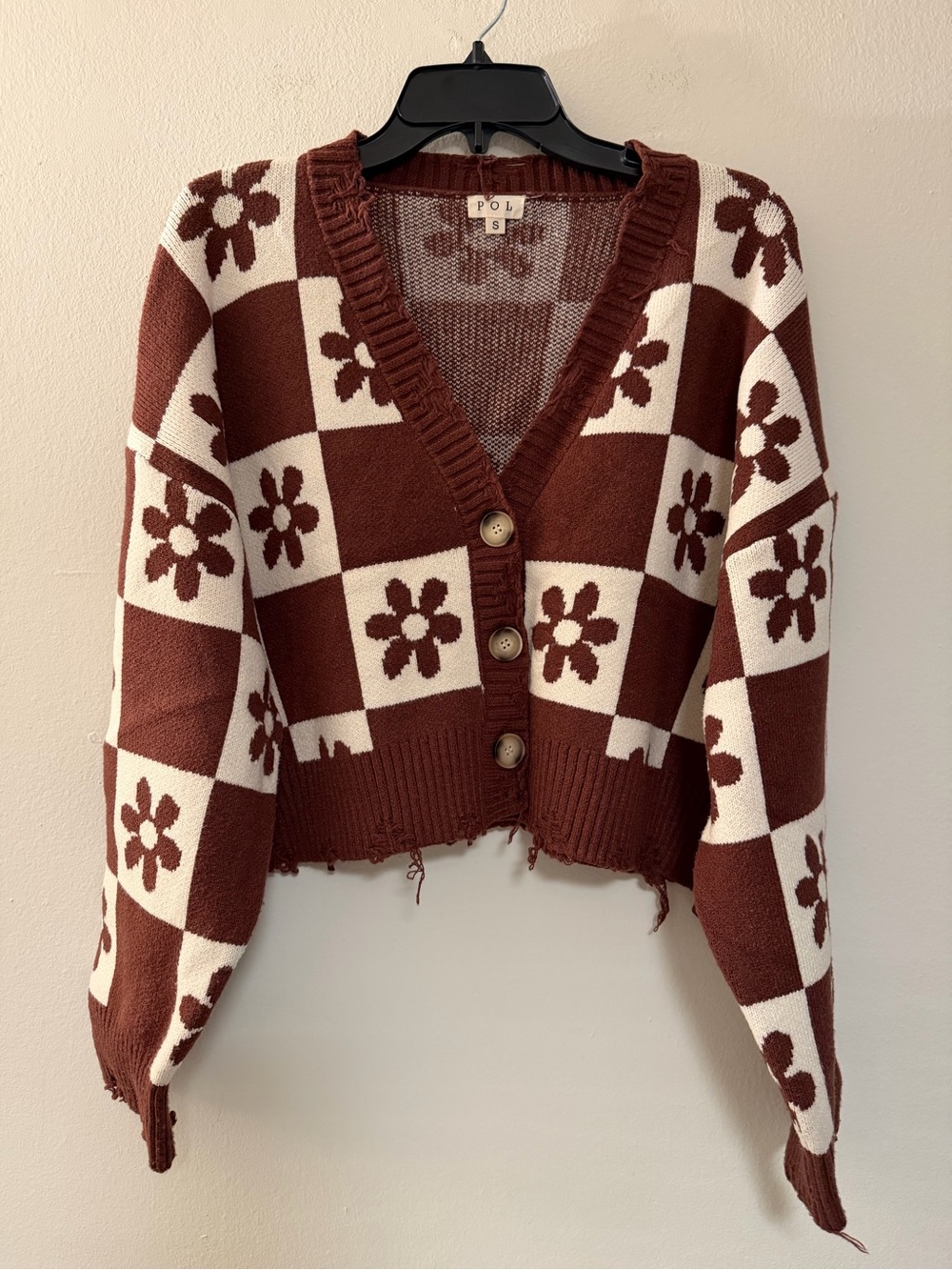 POL Daisy Checkered Chocolate Brown Button Up Cardigan